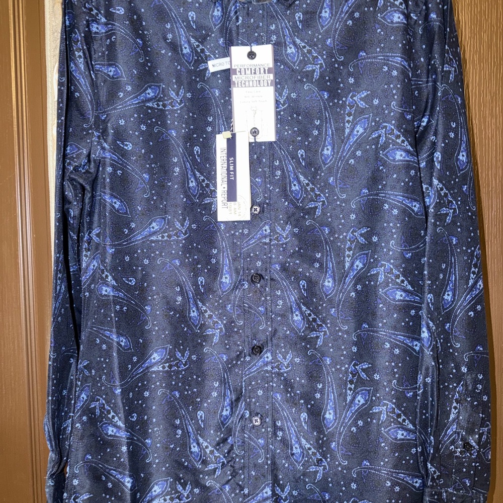 Men's Navy Blue Paisley Long-Sleeve Shirt - Picture 3 of 3